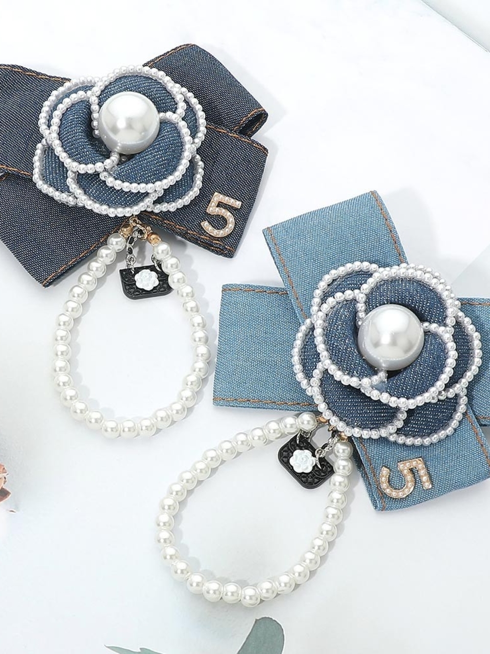 Pearl & Denim Flower Bow Brooch Hair Pin with Charm - White Pearl, Denim